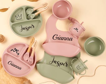 Personalisiertes Silikon-Baby-Entwöhnungsset, graviertes Silikonlätzchen, Cartoon-Entwöhnungsset für Kleinkind-Baby-Kinder, Fütterungsset mit Name