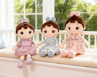 Personalized Girl Plush Dolls, Cute Bow Stuffed Toys with Custom Names,Soft Plushie Gifts for Kids, Baby Shower Gift,1st Birthday Gift