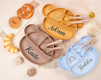 Personalisierte Silikon Baby Weaning Set, personalisierte Silikon Mahlzeit Set, Baby Teller, Babypartygeschenk, Weihnachtsgeschenk.