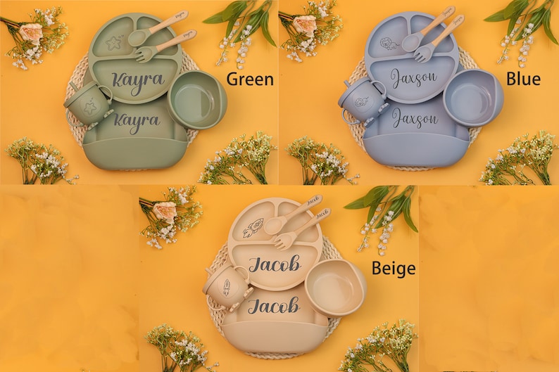Personalized Silicone Baby Weaning Set, Engraved Silicone Bib, Cartoon Weaning Set for Toddler Baby Kids, Feeding Set with Name image 9