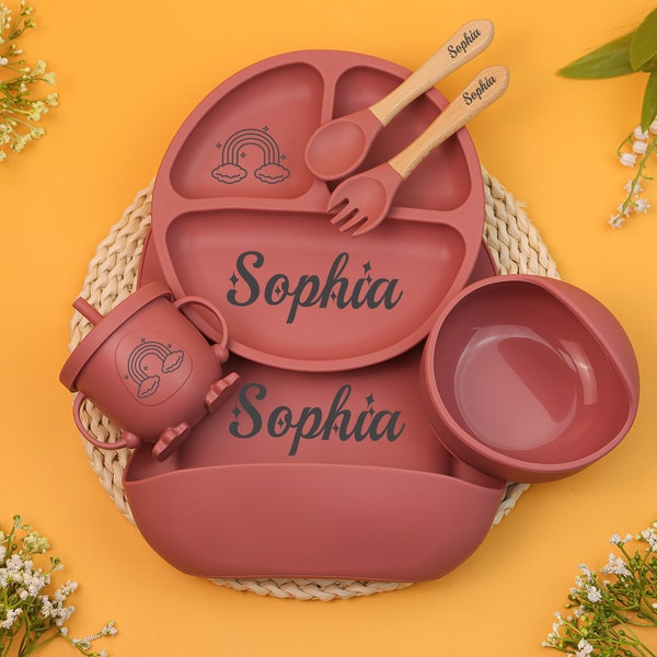 Personalized Silicone Baby Weaning Set, Engraved Silicone Bib, Cartoon Weaning Set for Toddler Baby Kids, Feeding Set with Name