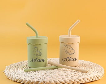 Silikon-Schnabeltasse für Babys ab 6 Monaten mit Strohhalm, personalisierte Trainingstasse für Kleinkinder Baby Geschenk Babyparty Geschenk