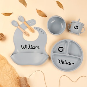 Personalized Silicone Baby Weaning Set, Engraved Silicone Bib, Cartoon Weaning Set for Toddler Baby Kids, Feeding Set with Name