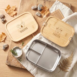 Lunch box personalizzato in acciaio inossidabile con coperchio in legno, contenitore per alimenti, lunch box per bambini, lunch box con nome animale, ritorno a scuola, regalo di compleanno