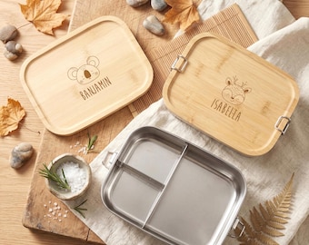 Custom Stainless Steel Lunch Box with Wooden Lid,Food Container,Lunch Box for Kid,Lunch Box with Name Animal,Back To School,Birthday Gift