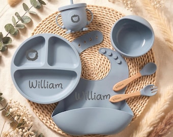 Custom Baby Weaning Set,Feeding Set with Name,Cartoon Weaning Set for Toddler Baby Kid,Personalized Silicone Weaning Set,Baby Shower Gift