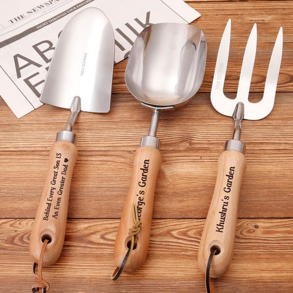 Personalized Garden Tool Set: Engraved Stainless Steel, Wood Handle