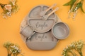 Personalized Silicone Baby Weaning Set, Engraved Silicone Bib, Cartoon Weaning Set for Toddler Baby Kids, Feeding Set with Name product logo