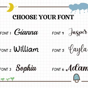 Puede incluir: Un fondo blanco con el texto "CHOOSE YOUR FONT" en negro. Se muestran seis opciones de fuente con nombres como Gianna, William, Sophia, Jasper, Cayla y Adam. Los elementos decorativos incluyen una luna, corazones, nubes, una estrella y una seta.