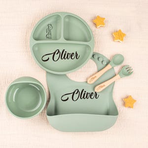 カスタムシリコン製離乳食セット、刻印入りシリコン製プレートとボウル、名前入り給餌セット、幼児・赤ちゃん・子供用漫画離乳食セット