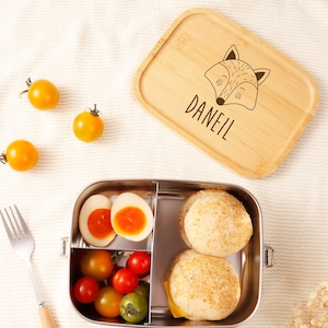 Benutzerdefinierte Edelstahl Lunchbox mit Holzdeckel, Lebensmittelbehälter, Lunchbox für Kinder, Lunchbox mit Namen Tier, Schulanfang, Geburtstagsgeschenk