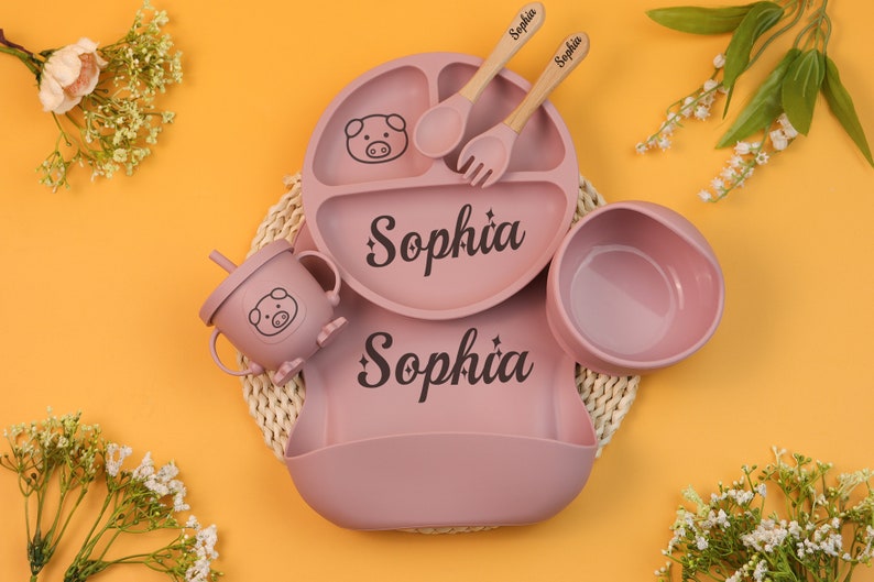 Personalized Silicone Baby Weaning Set, Engraved Silicone Bib, Cartoon Weaning Set for Toddler Baby Kids, Feeding Set with Name Pink