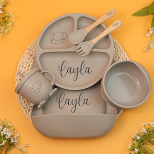Personalized Silicone Baby Weaning Set, Engraved Silicone Bib, Cartoon Weaning Set for Toddler Baby Kids, Feeding Set with Name