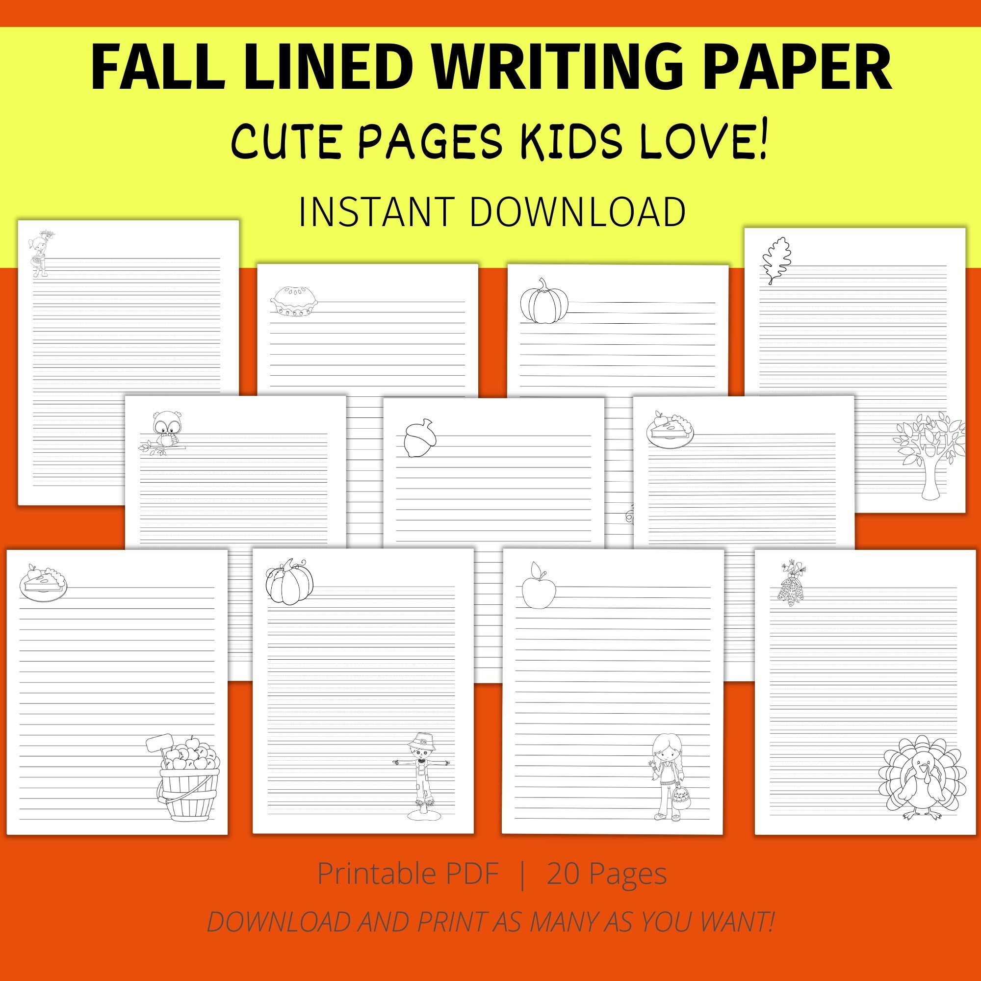 Printable Fall Lined Writing Paper for Kids Writing Paper Writing Practice  Paper Handwriting Paper Regular and Double Lined Paper 