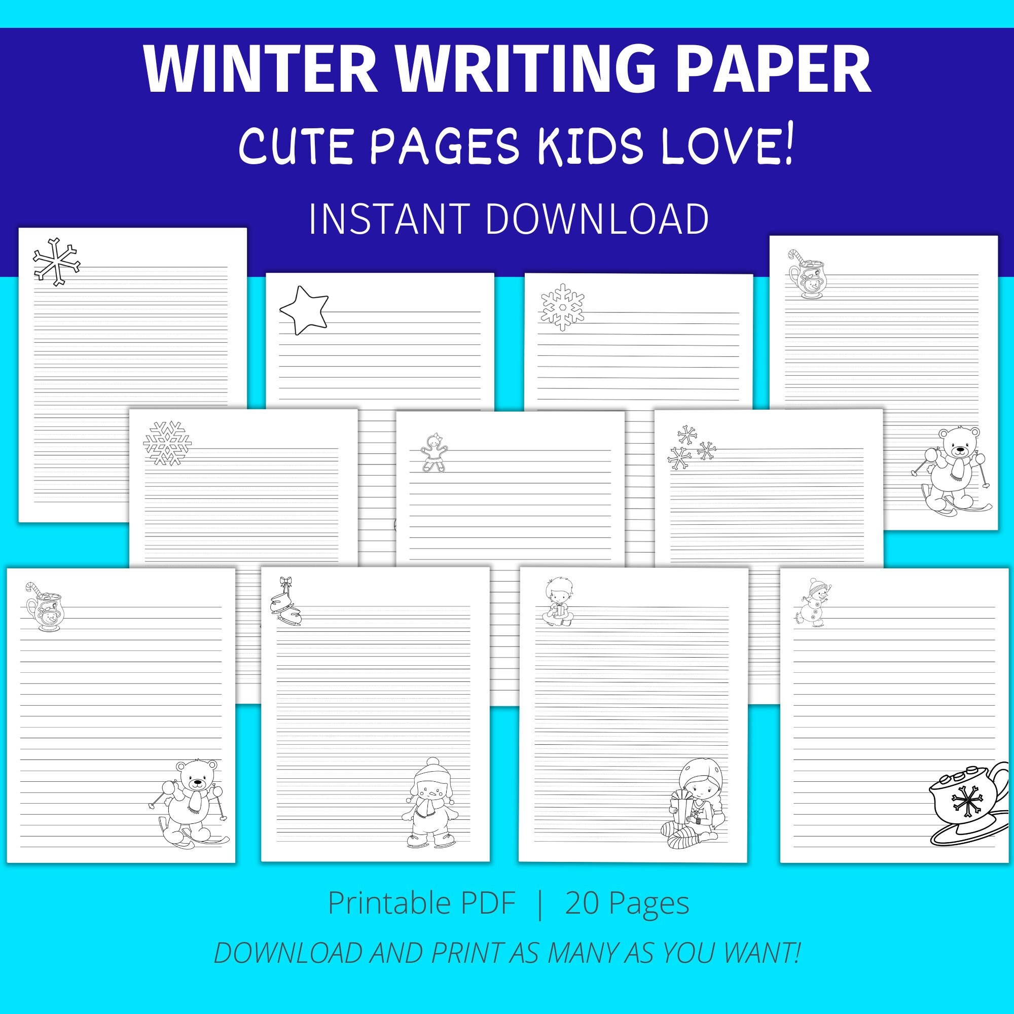 Printable Winter Lined Writing Paper for Kids Writing Paper Writing  Practice Paper Handwriting Paper Regular and Double Lined Paper 