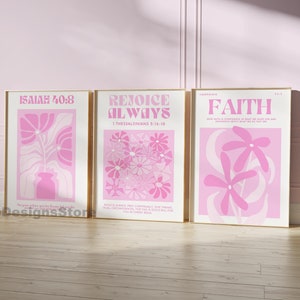 Christian Trendy Botanical Pastel Pink Print Set of 3, Bible Verse Wall Art, Christian Girl Wall Decor, Bible Verse Pink White Flower Art