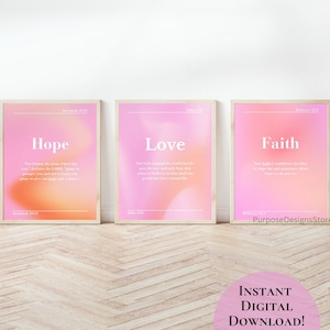 Gallery Christian Gradient Prints, Set of 3, Christian Bible Wall Art, Faith Love Hope, Aesthetic Colorful Pink Christian Prints for Girls