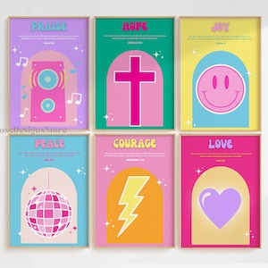 Colorful Christian Wall Art Set of 6, Trendy Christian wall Art, Colorful Bible Verse Print, Christian Dorm/Bedroom pop art, Bible Verse Art