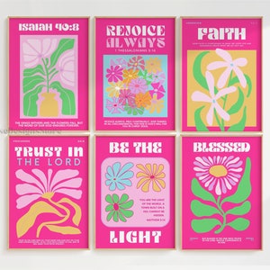 Christian Trendy Flower Market Prints Set of 6, Bible Verse Botanical Wall Art, Hot Pink Colorful Christian Art, Floral Christian Girl Print