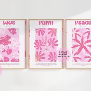 Christian Coastal Pink Botanical Prints Set of 3, Pink Tropical Bible Verse Wall Art, Floral Pastel Christian Girl Prints, Pink Flower Art