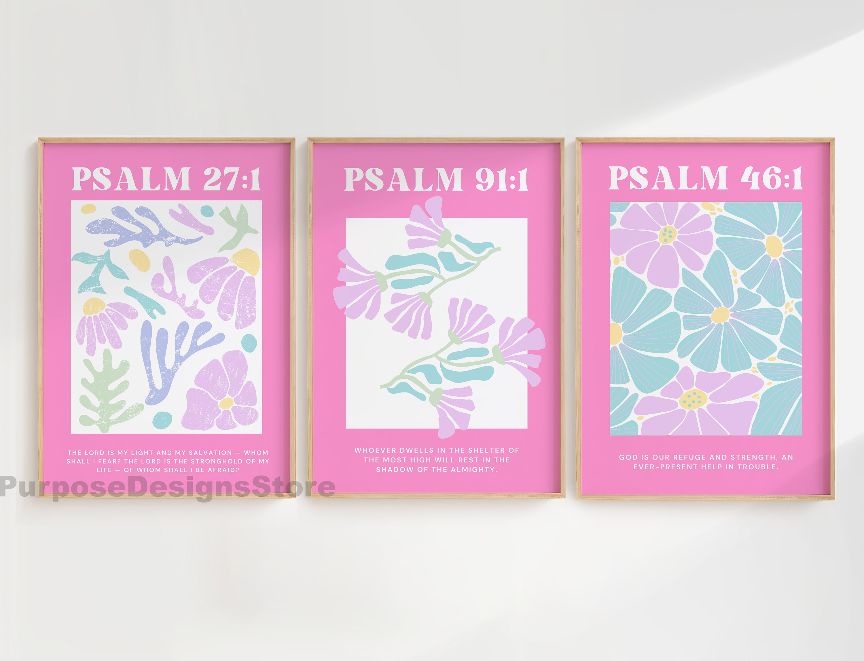 Christian Pastel Pink Botanical Prints Set of 3, Psalms Bible Verse ...