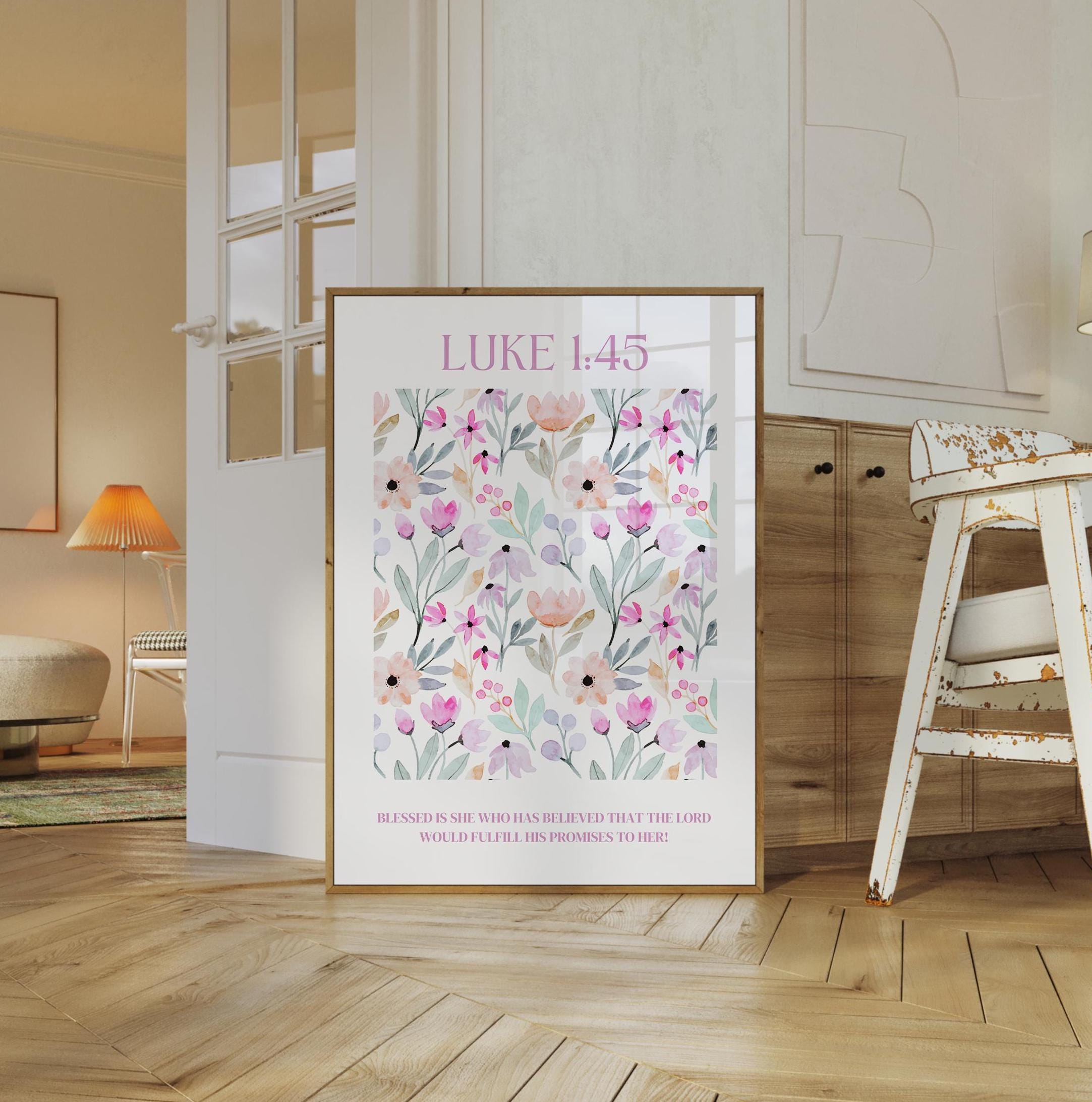 Christian Floral Watercolor Wall Art Print, Digital Print, Luke 1 45 ...