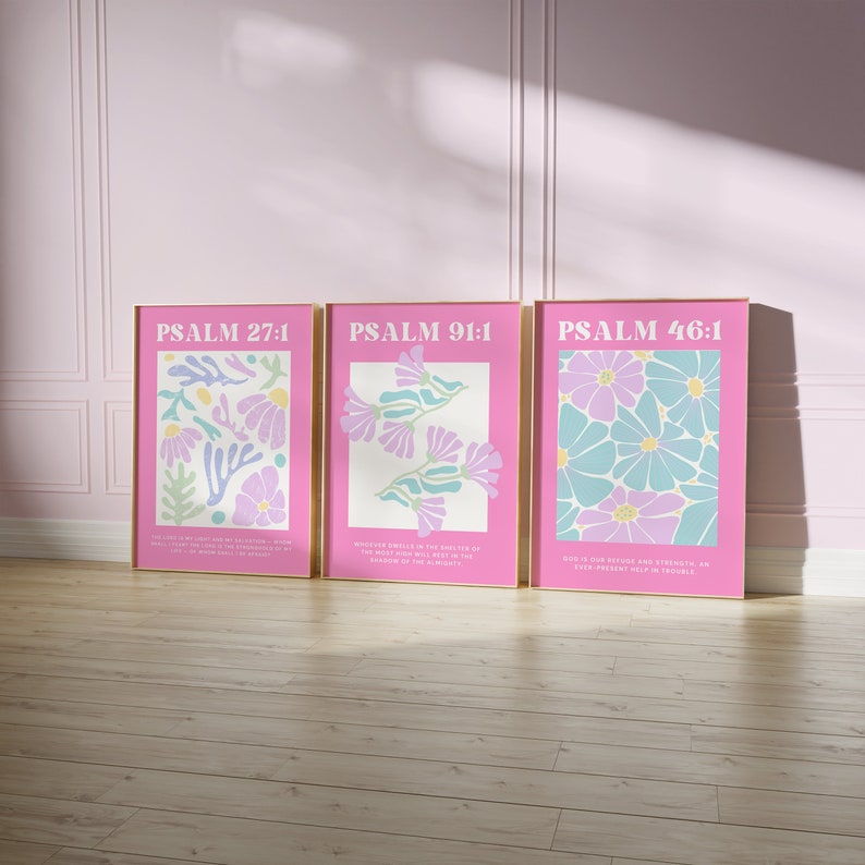 Christian Pastel Pink Botanical Prints Set of 3, Psalms Bible Verse ...