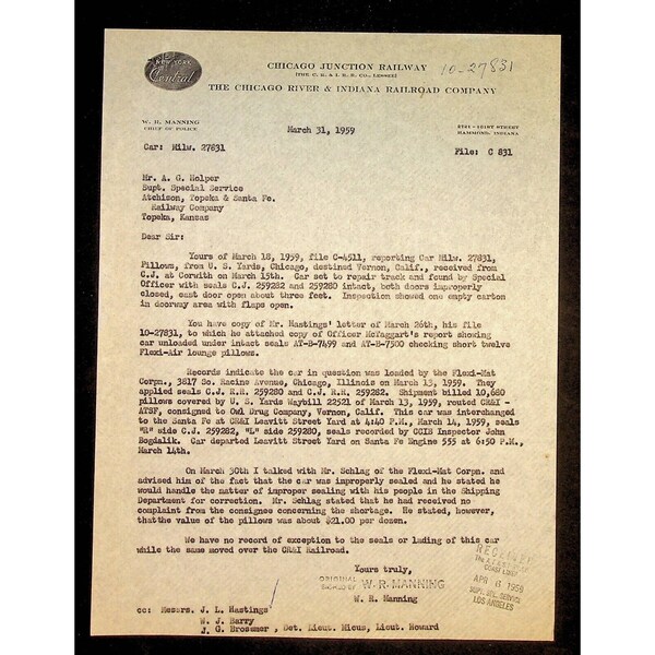 1959 Chicago JCT Rwy, Chicago River & Indiana RR Special Police Letter to ATSF