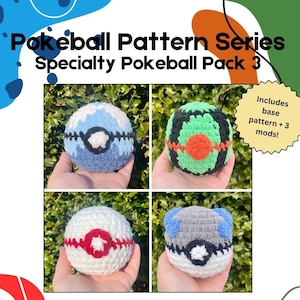 Op de afbeelding: Vier gehaakte Pokéball-patronen, waaronder een blauwe en witte Pokéball, een groene en oranje Pokéball, een witte en rode Pokéball en een grijze en witte Pokéball. De tekst "Inclusief basispatroon + 3 mods!" staat in een gele cirkel.