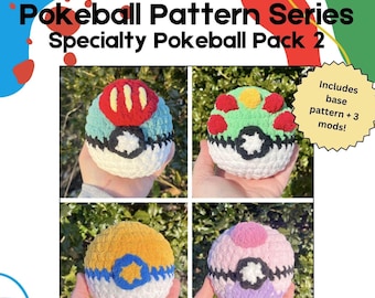 May include: Four crocheted Poké Balls in different colours. The Poké Balls are red, green, yellow, and pink. The Poké Balls are all the same size and shape. The Poké Balls are all crocheted with a white yarn. The Poké Balls are all sitting on a white surface. Includes base pattern + 3 mods!
