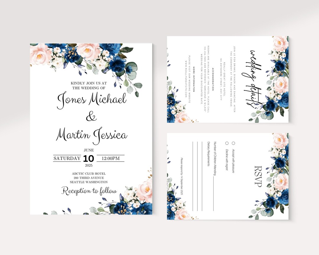 Pink and Navy Bridal Shower Invitations, Blush Pink and Navy Blue ...