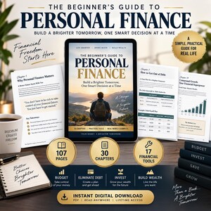 Op de afbeelding: Een digitale gids getiteld The Beginner's Guide to Personal Finance met een omslag van een persoon die uitkijkt over een berglandschap. De gids bevat 107 pagina's, 30 hoofdstukken en 17 financiële tools, met tekst over budget en schulden.