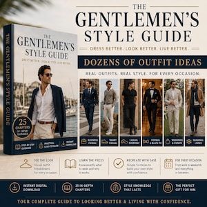Pode incluir: The Gentlemen's Style Guide é um livro digital com 25 capítulos de conselhos de estilo. A capa mostra um homem com camisa branca e blazer azul-marinho, com seções adicionais que apresentam ideias de looks para ocasiões formais e casuais.