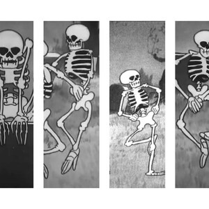 May include: Four black and white cartoon skeletons in various poses. The skeletons are drawn in a simple style with visible bones and joints. The skeletons are on a white background.