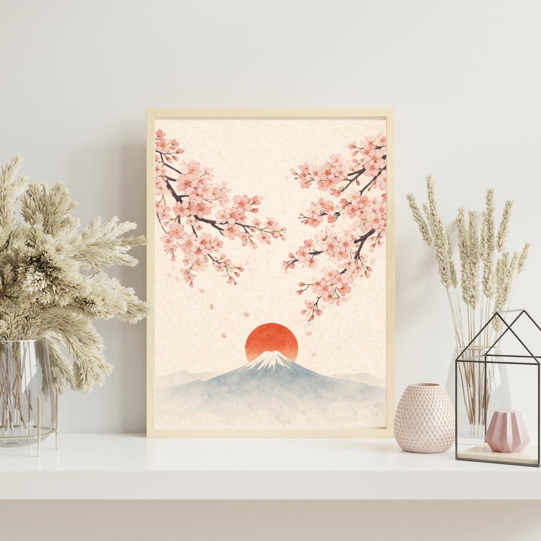 Cherry Blossom Mount Fuji Poster, Japanese Sakura Wall Art, Minimalist ...