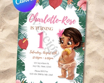 Baby Moana Birthday Invitation | Moana Party Invite | Editable Canva Template | Lūʻau Birthday Digital Invitation | Instant Download