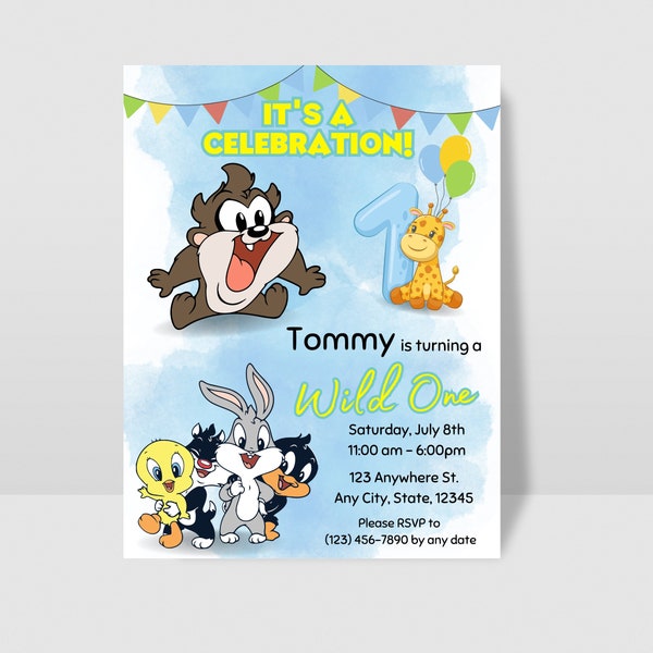 Baby Looney Tunes 1st Birthday Invitation Template | Personalized, Printable, and Customizable | Looney Tunes Party Theme | Instant Download