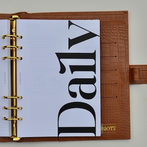 May include: A brown leather planner with gold-colored rings and the word "Daily" printed in large black letters on a white page. The planner has a textured, crocodile-like pattern and a snap closure.