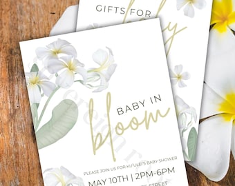 Plumeria Baby in Bloom Baby Shower Invitation - Tropical Floral Editable PDF Template