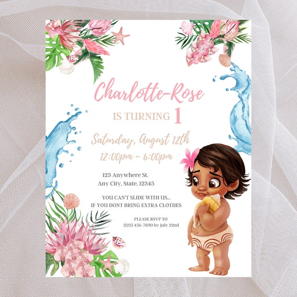 Customizable Baby Moana 1st Birthday Invitation Template | Personalized Party Invite | Seashell, Tropical Disney Princess | Digital Download