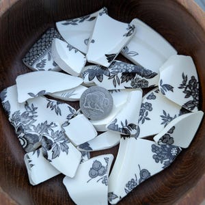 May include: A wooden bowl filled with broken pieces of white porcelain. The porcelain shards feature black floral patterns and designs. A silver coin rests among the fragments. The bowl is made of dark wood.
