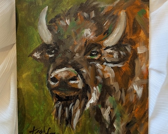 Yellowstone Alfa - Original Bison Buffalo acrylic painting. 7x9" canvas panel
