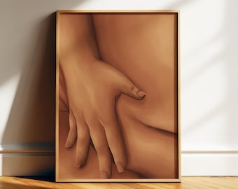 May include: A framed art print featuring a close-up of a hand gently touching a body. The artwork is rendered in warm, earthy tones, with a focus on the interplay of light and shadow. The frame is a light wood color, adding a natural touch to the piece.