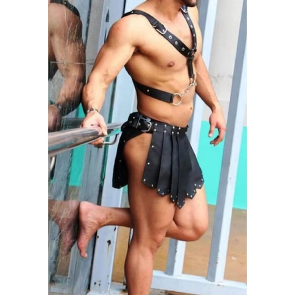 Weiches Echtes Leder Herren, Gladiator Kostüm Lederrock, Herren Harness, Verstellbarer Schultergurt Herren Schwarzes Leder Kostüm Männer, Gay