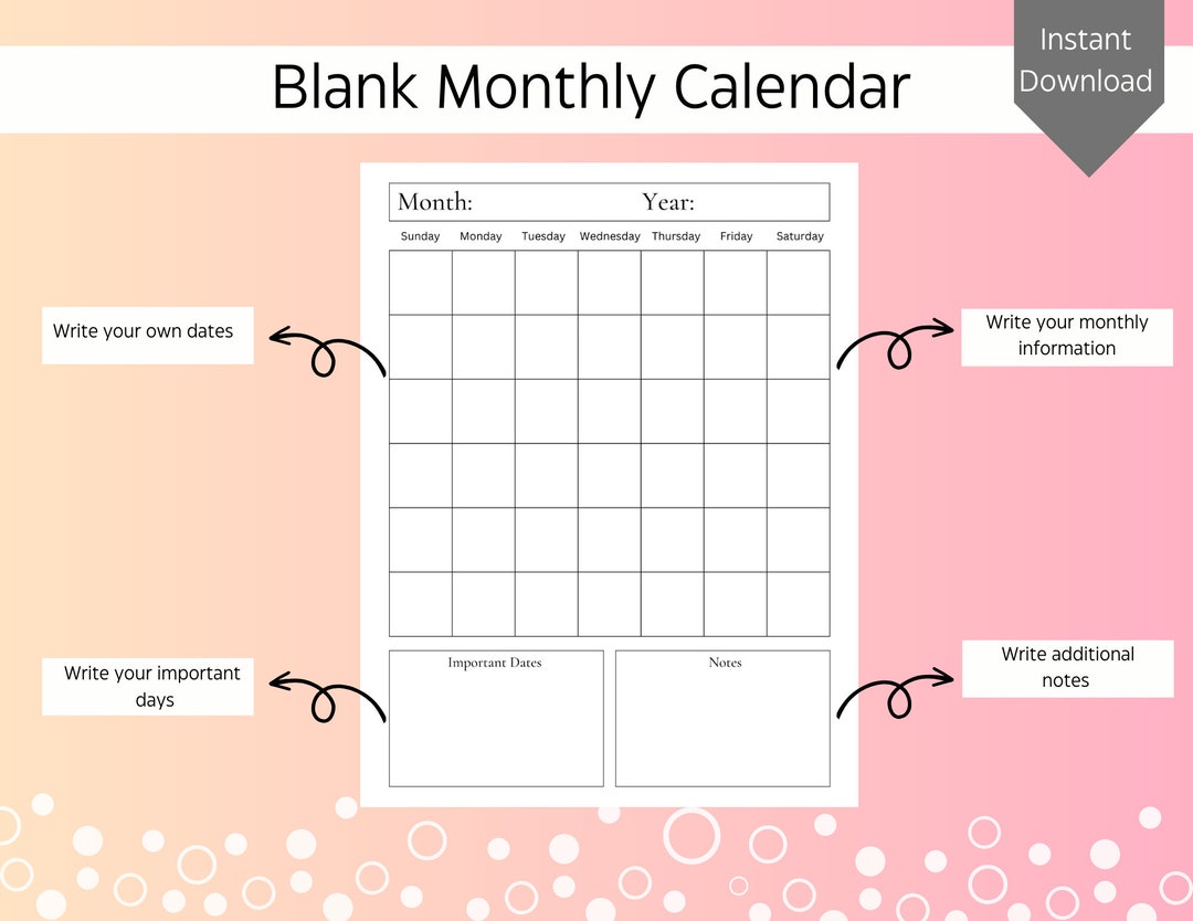 Printable Monthly Calendar - Etsy