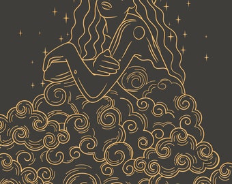 May include: A line drawing of a woman with long hair, surrounded by clouds and stars. She is crying and holding herself. The text "I hold all the validation I need" is below the image.