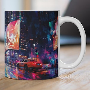 Cyberpunk Style Cityscape Ceramic Mug, Bright City Lights Coffee Cup, City Streets Mug, Colorful City Painting Mug, Neon Street Lights Cup