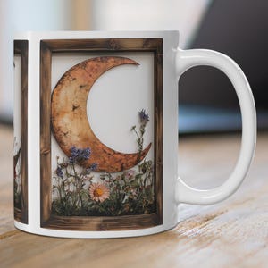 Rustic Crescent Moon & Wildflowers Ceramic Mug, Wiccan Moon Coffee Cup, Witchy Gothic Teacup, Dark Cottagecore Mug, Celestial Lover Gift