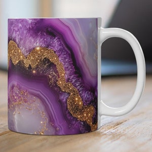 Purple & Gold Agate Mug, Beautiful Marbled Ceramic Mug, Amethyst Sparkling Gold Coffee Cup, Purple Geode Mug, Gemstone Crystal Lover Gift