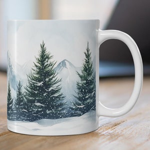 Snowy Nature Scenery Mug, Snowcapped Mountains Ceramic Mug, Winter Evergreens Coffee Cup, Beautiful Nature Inspired, Winter Landscape Mug